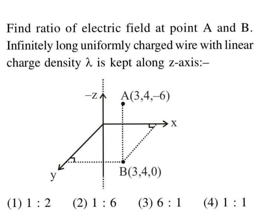 Find ratio of electric field at point A and B.
Infinitely long uniformly charged wire with linear
charge density a is kept along z-axis:-
-Z A
A(3,4,–6)
X
B(3,4,0)
y
(1) 1 : 2
(2) 1 : 6
(3) 6 : 1
(4) 1: 1
