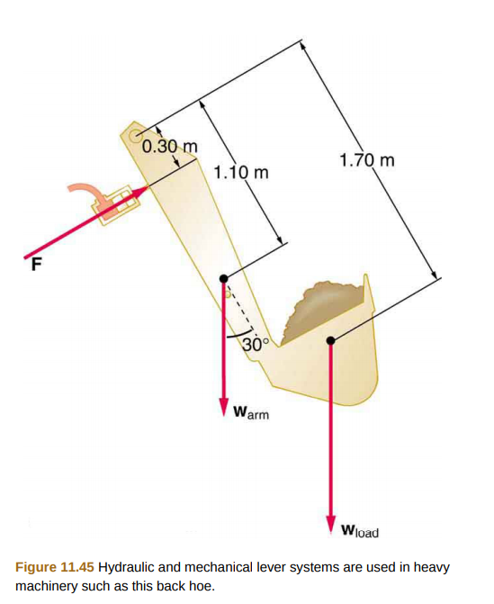 0.30 m
1.70 m
1.10 m
30
Warm
Wload
Figure 11.45 Hydraulic and mechanical lever systems are used in heavy
machinery such as this back hoe.
