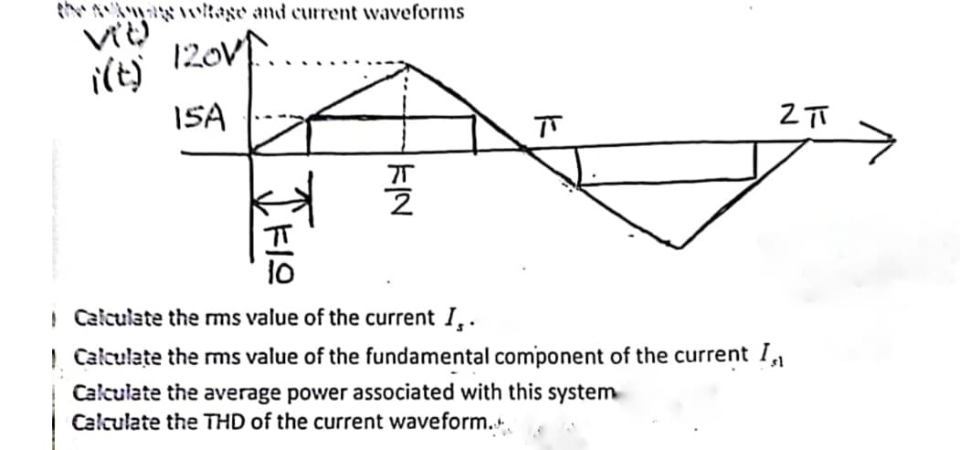 theas voltage and current waveforms
VIŲ
120V
ISA
THIS
FIN
ㅠ
2
ㅠ
ZTT
i Calculate the rms value of the current I,.
| Calculate the rms value of the fundamental component of the current Is
Calculate the average power associated with this system
Calculate the THD of the current waveform.