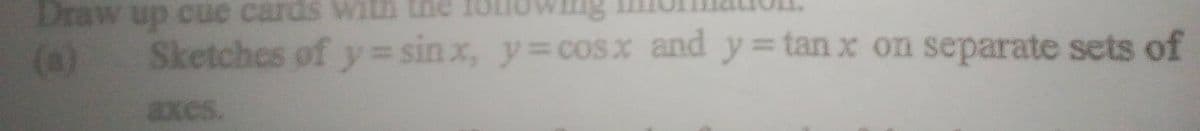 Draw up cue cards with the followinng
(a) Sketchcs of y= sinx, y cosx and y=tan x on separate sets of
axes.
