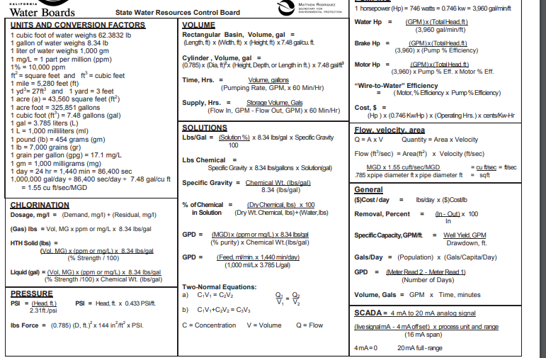 Water Boards
UNITS AND CONVERSION FACTORS
1 cubic foot of water weighs 62.3832 lb
1 gallon of water weighs 8.34 lb
1 liter of water weighs 1,000 gm
State Water Resources Control Board
1 mg/L = 1 part per million (ppm)
1% = 10,000 ppm
ft²= square feet and ft² = cubic feet
1 mile = 5,280 feet (ft)
1 yd³=27ft² and 1 yard = 3 feet
1 acre (a) = 43,560 square feet (ft²)
1 acre foot = 325,851 gallons
1 cubic foot (ft³) = 7.48 gallons (gal)
1 gal = 3.785 liters (L)
1 L = 1,000 milliliters (ml)
1 pound (lb) = 454 grams (gm)
1 lb = 7,000 grains (gr)
1 grain per gallon (gpg) = 17.1 mg/L
1 gm = 1,000 milligrams (mg)
1 day = 24 hr = 1,440 min = 86,400 sec
1,000,000 gal/day + 86,400 sec/day+ 7.48 gal/cu ft
= 1.55 cu ft/sec/MGD
CHLORINATION
Dosage, mg/l = (Demand, mg/l) + (Residual, mg/l)
(Gas) lbs = Vol, MG x ppm or mg/L x 8.34 lbs/gal
HTH Solid (lbs).
(Vol. MG) x (ppm or mg/L) x 8.34 lbs/gal
(% Strength / 100)
Liquid (gal) = (Vol. MG) x (ppm or mg/L) x 8.34 lbs/gal
(% Strength /100) x Chemical Wt. (lbs/gal)
PRESSURE
PSI (Head, ft.)
2.31ft./psi
lbs Force= (0.785) (D, ft.) x 144 in²ft² x PSI.
PSI = Head, ft x 0.433 PSL.
VOLUME
Rectangular Basin, Volume, gal =
(Length, ft) x (Width, ft) x (Height, ft) x 7.48 gallcu.ft
Cylinder, Volume, gal =
(0.785) x (Dia, ft) x (Height, Depth, or Length in ft) x 7.48 galit
Time, Hrs. =
Supply, Hrs. =
MATTHEW ROQUEZ
Volume, gallons
(Pumping Rate, GPM, x 60 Min/Hr)
Storage Volume, Gals
(Flow In, GPM - Flow Out, GPM) x 60 Min/Hr)
SOLUTIONS
Lbs/Gal= (Solution %) x 8.34 Ibs/gal x Specific Gravity
100
% of Chemical =
in Solution
GPD =
Lbs Chemical =
Spectic Gravity x 8.34 lbsgallons x Solution(gal)
Specific Gravity = Chemical Wt. (lbs/gal)
8.34 (lbs/gal)
GPD =
TECTIN
(Dry Chemical, lbs) x 100
(Dry Wt. Chemical, lbs)+(Water, lbs)
(MGD) x (ppm or mg/L) x 8.34 lbs/gal
(% purity) x Chemical Wt. (lbs/gal)
(Feed, ml/min. x 1,440 min/day)
(1,000 ml/Lx 3.785 Ligal)
Two-Normal Equations:
a) C₁V₁= C₂V₂
b)
C₁V₁+C₂V₂=C3V3
C = Concentration V = Volume
9-9
Q = Flow
1 horsepower (Hp) = 746 watts = 0.746 kw = 3,960 gal/min/t
Water Hp = (GPM) x (Total Head.ft)
(3,960 gal/min/ft)
Brake Hp
Motor Hp =
(GPM) x (Total Head.ft)
(3,960) x (Pump % Efficiency)
(GPM) x (Total Head.ft)
(3,960) x Pump % Eff. x Motor % Eff.
"Wire-to-Water" Efficiency
(Motor, % Efficiency x Pump % Eficiency)
Cost, $ =
(Hp) x (0.746 Kw/Hp) x (Operating Hrs.) x cents/kw-Hr
Flow. velocity, area
Q=AxV
Quantity = Area x Velocity
Flow (ft³/sec) = Area(ft³) x Velocity (ft/sec)
MGD x 1.55 cuft/sec/MGD
785 xpipe diameter ft x pipe diameter ft
General
($) Cost/day
Removal, Percent=
4mA=0
Specific Capacity, GPM/tt
Ibs/day x ($) Costlb
(In-Out) x 100
In
- cu frec-tisec
= sqft
=
Well Yield, GPM
Drawdown, ft.
Gals/Day = (Population) x (Gals/Capita/Day)
GPD = (Meter Read 2 - Meter Read 1)
(Number of Days)
Volume, Gals = GPM x Time, minutes
SCADA= 4 mA to 20 mA analog signal
(live signal mA-4 mA offset) x process unit and range
(16 mA span)
20mA full-range