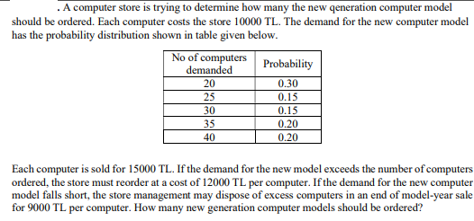 .A computer store is trying to determine how many the new qeneration computer model
should be ordered. Each computer costs the store 10000 TL. The demand for the new computer model
has the probability distribution shown in table given below.
No of computers
demanded
Probability
20
0.30
25
0.15
0.15
30
35
0.20
40
0.20
Each computer is sold for 15000 TL. If the demand for the new model exceeds the number of computers
ordered, the store must reorder at a cost of 12000 TL per computer. If the demand for the new computer
model falls short, the store management may dispose of excess computers in an end of model-year sale
for 9000 TL per computer. How many new generation computer models should be ordered?
