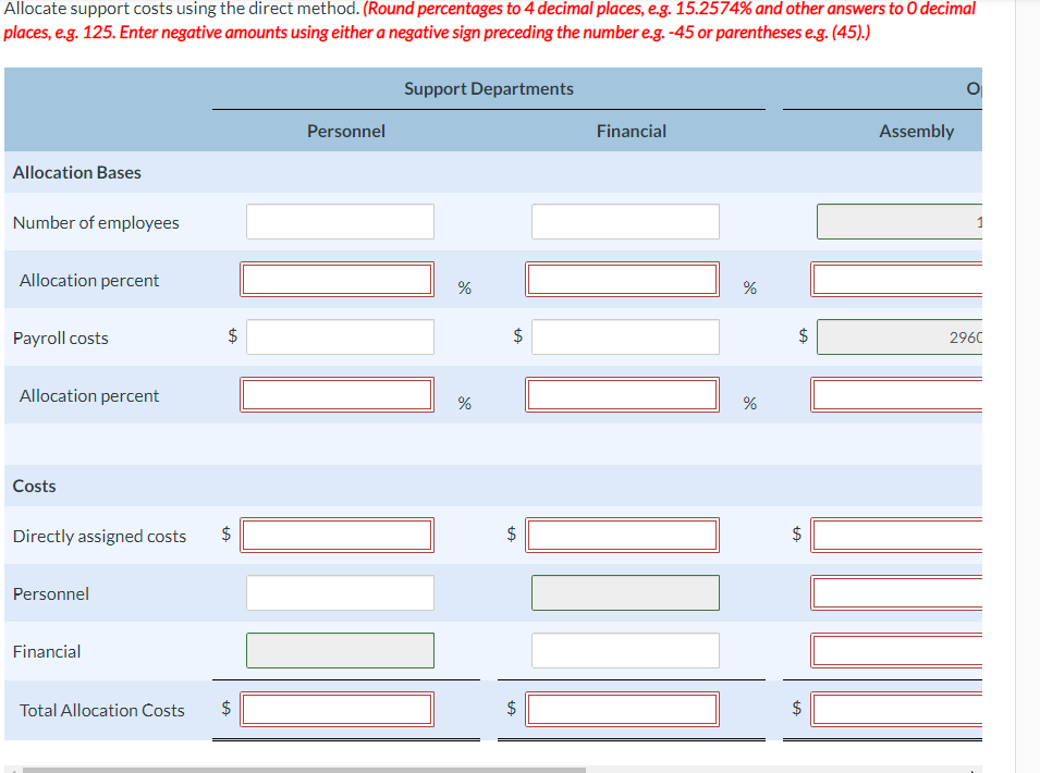 Allocate support costs using the direct method. (Round percentages to 4 decimal places, e.g. 15.2574% and other answers to 0 decimal
places, e.g. 125. Enter negative amounts using either a negative sign preceding the number e.g. -45 or parentheses e.g. (45).)
Support Departments
Personnel
Financial
Assembly
Allocation Bases
Number of employees
Allocation percent
%
Payroll costs
$
2960
Allocation percent
%
Costs
Directly assigned costs
$
$
$
Personnel
Financial
Total Allocation Costs
$
2$
%24
%24
%24
