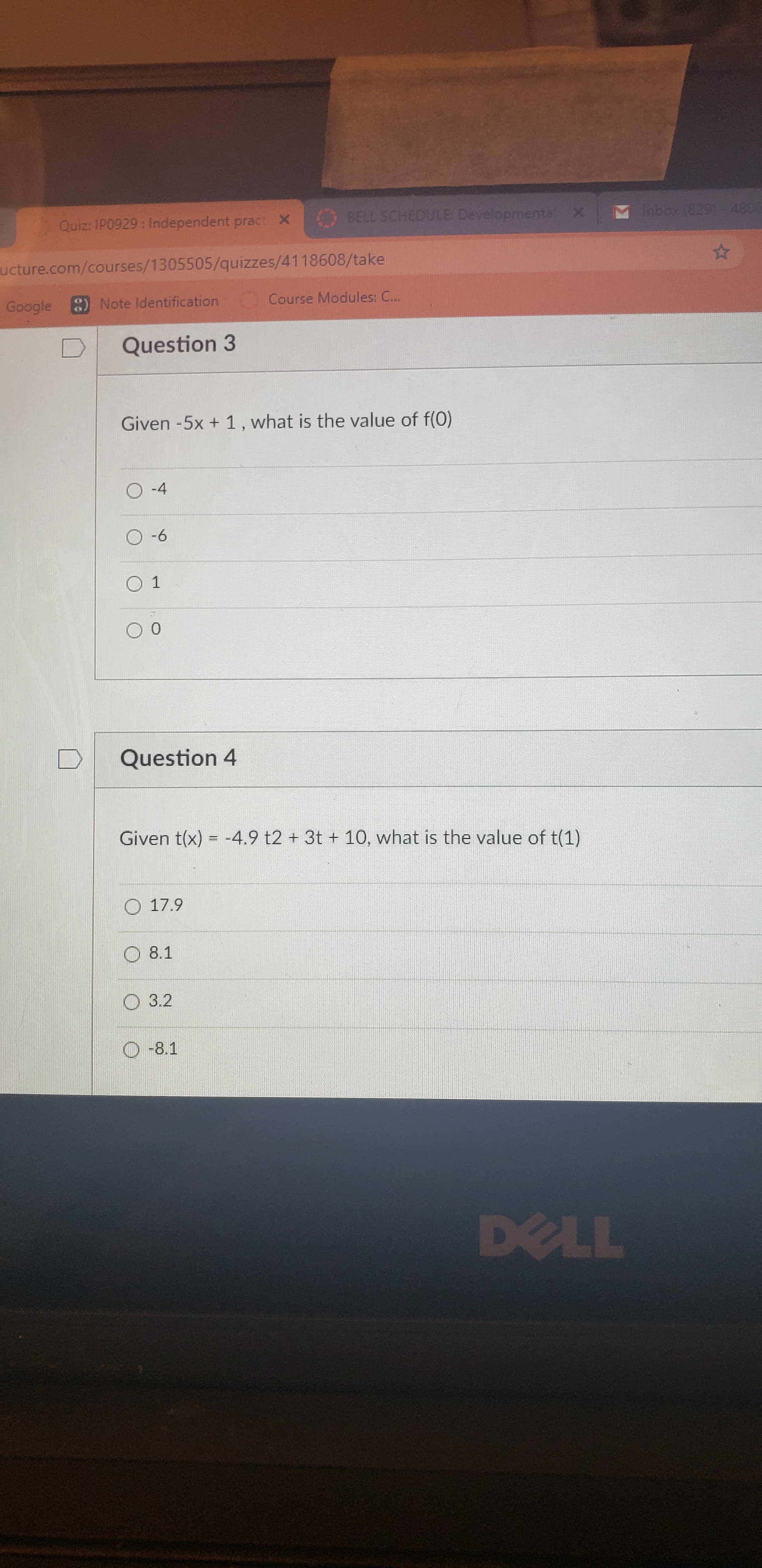 Given -5x + 1, what is the value of f(0)
