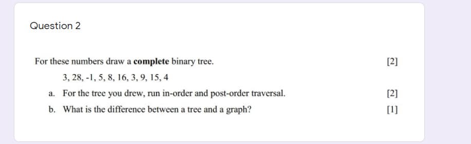 Question 2
For these numbers draw a complete binary tree.
[2]
3, 28, -1, 5, 8, 16, 3, 9, 15, 4
a. For the tree you drew, run in-order and post-order traversal.
[2]
b. What is the difference between a tree and a graph?
[1]
