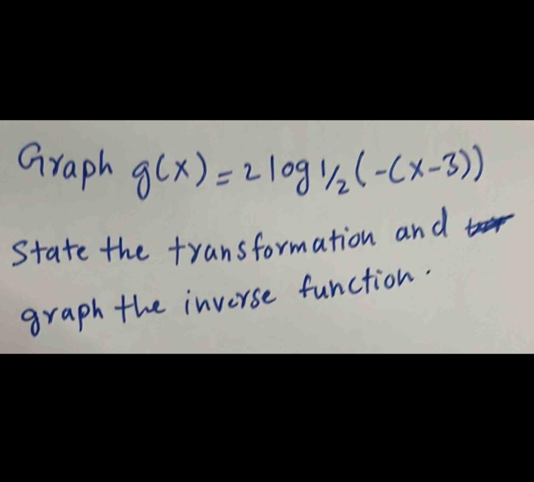 Graph g(x) = 2log 1/2 (-(x-3))
State the transformation and t
graph the inverse function.