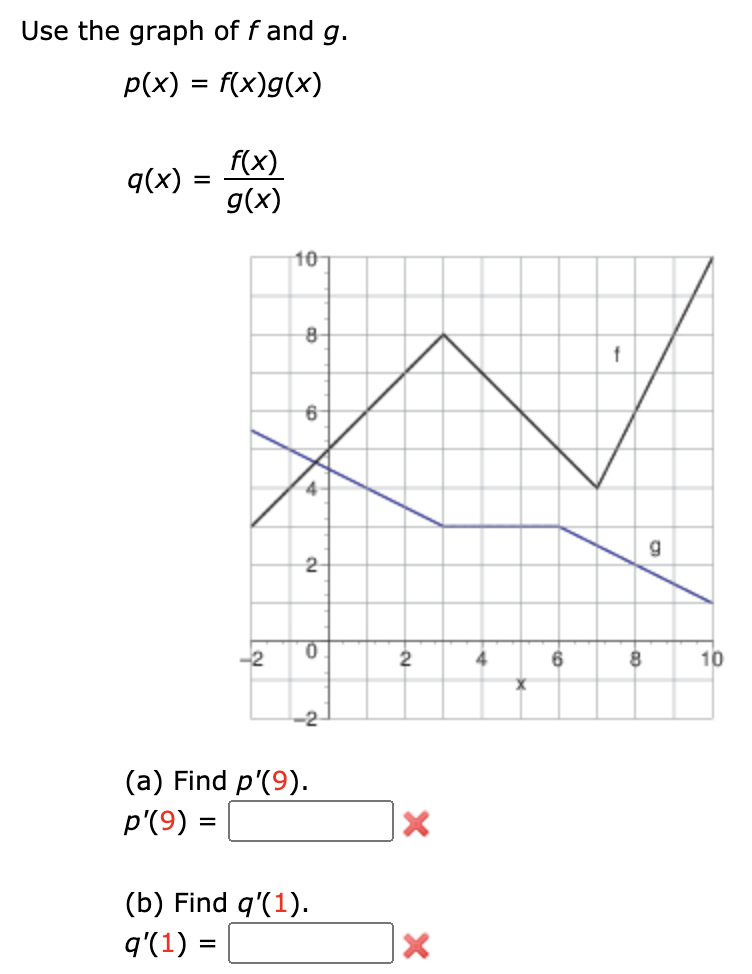 Use the graph of f and g.
p(x) = f(x)g(x)
f(x)
g(x)
q(x)
10
2
-2
2
6
10
-2
(a) Find p'(9).
p'(9) =
(b) Find q'(1).
q'(1) =
%3D
4.
