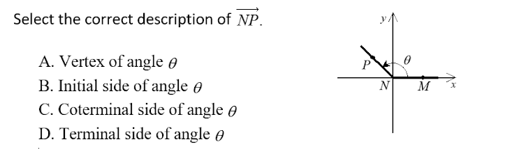 Select the correct description of NP.
A. Vertex of angle 0
B. Initial side of angle 0
N
M
C. Coterminal side of angle e
D. Terminal side of angle e
