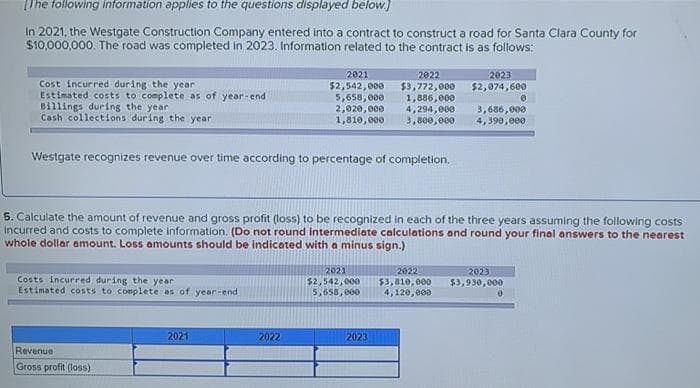 [The following information applies to the questions displayed below.]
In 2021, the Westgate Construction Company entered into a contract to construct a road for Santa Clara County for
$10,000,000. The road was completed in 2023. Information related to the contract is as follows:
Cost incurred during the year
Estimated costs to complete as of year-end
Billings during the year
Cash collections during the year
Westgate recognizes revenue over time according to percentage of completion.
Costs incurred during the year
Estimated costs to complete as of year-end
Revenue
Gross profit (loss)
2021
2022
2023
$2,542,000 $3,772,000 $2,074,600
5,658,000
1,886,000
2,020,000
1,810,000
5. Calculate the amount of revenue and gross profit (loss) to be recognized in each of the three years assuming the following costs
incurred and costs to complete information. (Do not round intermediate calculations and round your final answers to the nearest
whole dollar amount. Loss amounts should be indicated with a minus sign.)
2021
2022
4,294,000
3,800,000
3,686,000
4,390,000
2023
2021
2022
2023
$2,542,000 $3,810,000 $3,930,000
5,658,000 4,120,000
0