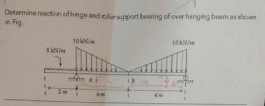 Determine reaction of hinge and roller support bearing of over hanging beam as shown
in Fig.
8 kN/m
7
1
10 kN/m
mm A
6m
6m
10 kN/m