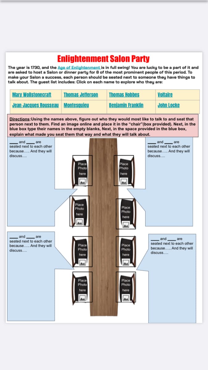 Enlightenment Salon Party
The year is 1730, and the Age of Enlightenment is in full swing! You are lucky to be a part of it and
are asked to host a Salon or dinner party for 8 of the most prominent people of this period. To
make your Salon a success, each person should be seated next to someone they have things to
talk about. The guest list includes: Click on each name to explore who they are:
Mary Wollstonecraft
Thomas Jefferson
Thomas Hobbes
Voltaire
Jean Jacques Rousseau Montesquieu
Benjamin Franklin
John Locke
Directions:Using the names above, figure out who they would most like to talk to and seat that
person next to them. Find an image online and place it in the “chair"(box provided). Next, in the
blue box type their names in the empty blanks, Next, in the space provided in the blue box,
explain what made you seat them that way and what they will talk about.
-and are
seated next to each other
and are
seated next to each other
because... And they will
discuss...
because... And they will
discuss...
Place
Place
Photo
Photo
here
here
Place
Photo
Place
Photo
here
here
and are
and are
seated next to each other
seated next to each other
because... And they will
Place
Place
because... And they will
discuss...
discuss..
Photo
Photo
here
here
Place
Photo
Place
Photo
here
here
