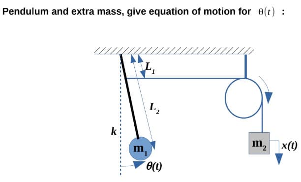 Pendulum and extra mass, give equation of motion for 0(t) :
L,
L,
k
m, x(t)
m,
