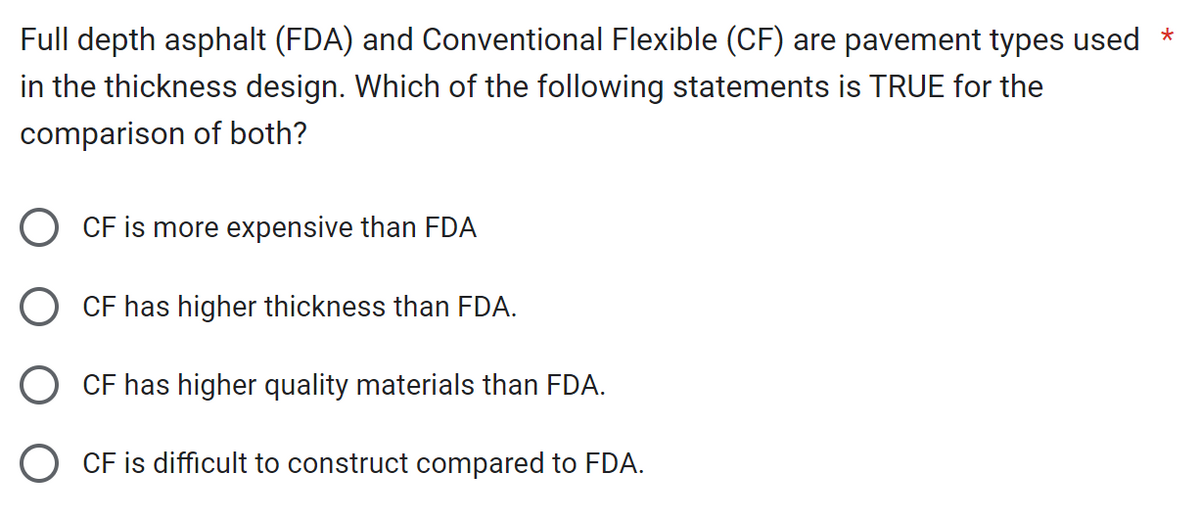 Full depth asphalt (FDA) and Conventional Flexible (CF) are pavement types used *
in the thickness design. Which of the following statements is TRUE for the
comparison of both?
CF is more expensive than FDA
CF has higher thickness than FDA.
CF has higher quality materials than FDA.
O CF is difficult to construct compared to FDA.