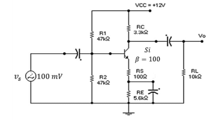 vcC = +12V
RC
3.3K2
R1
47K
Vo
Si
B = 100
%3D
100 mV
RS
1002
RL
10k2
Vs
R2
47K2
RE
5.6k2
w-
