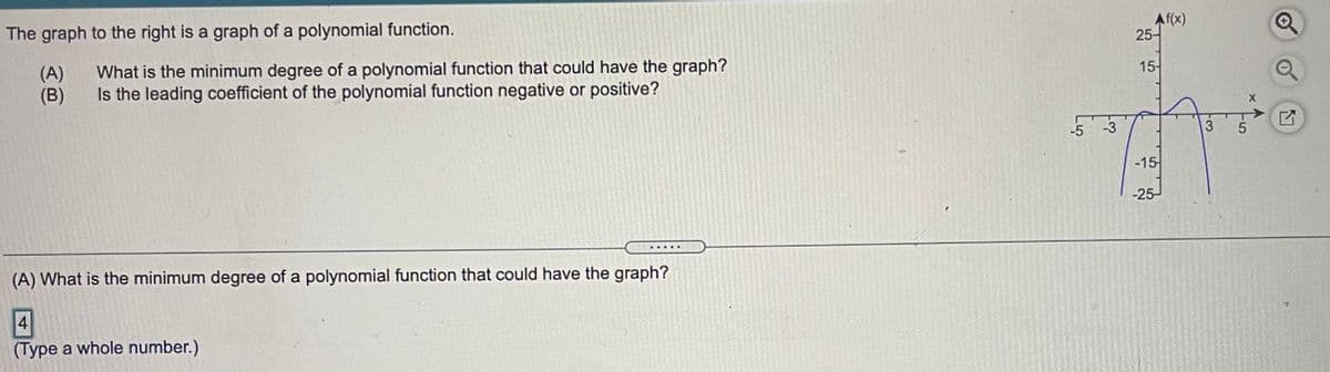 The graph to the right is a graph of a polynomial function.
Af(x)
25-
(A)
(B)
What is the minimum degree of a polynomial function that could have the graph?
Is the leading coefficient of the polynomial function negative or positive?
15-
-5
-3
3
-15
-25
.....
(A) What is the minimum degree of a polynomial function that could have the graph?
4
(Type a whole number.)
