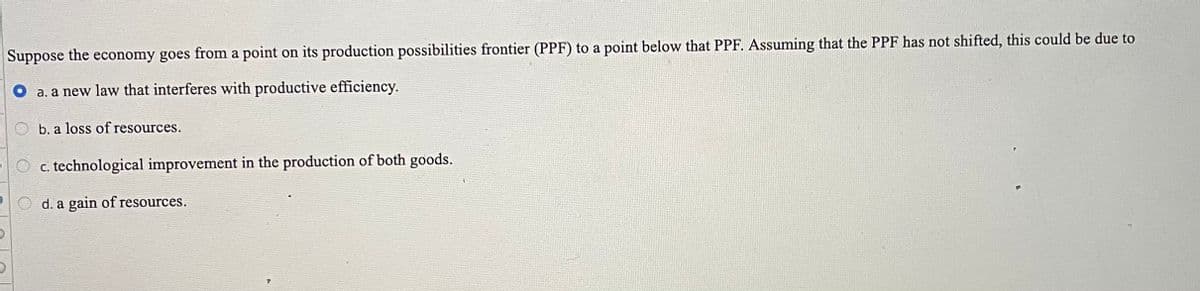 Suppose the economy goes from a point on its production possibilities frontier (PPF) to a point below that PPF. Assuming that the PPF has not shifted, this could be due to
a. a new law that interferes with productive efficiency.
b. a loss of resources.
O c. technological improvement in the production of both goods.
d. a gain of resources.
