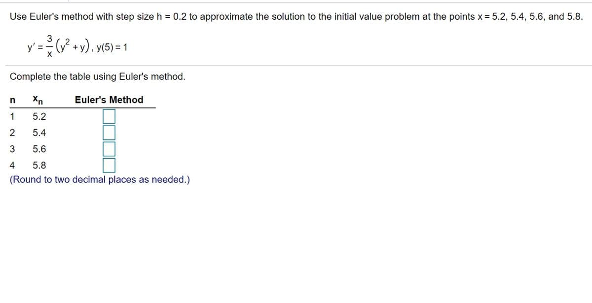 Use Euler's method with step size h = 0.2 to approximate the solution to the initial value problem at the points x = 5.2, 5.4, 5.6, and 5.8.
3
y' = (y² +y), y(5) = 1
Complete the table using Euler's method.
Xn
Euler's Method
1
5.2
2
5.4
3
5.6
4
5.8
(Round to two decimal places as needed.)
