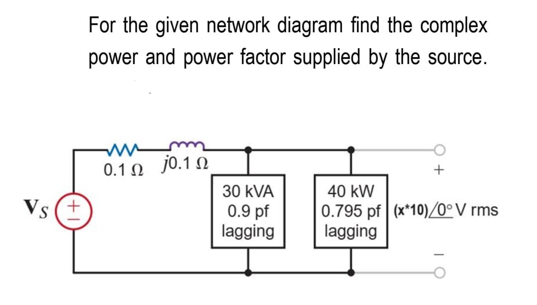 Vs(+
For the given network diagram find the complex
power and power factor supplied by the source.
mum
0.1 Ω j0.1 Ω
30 KVA
0.9 pf
lagging
+
40 kW
0.795 pf (x*10)/0° V rms
lagging