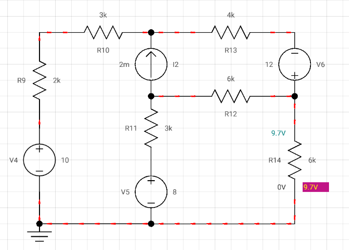 3k
4k
R10
R13
2m
12
12
V6
R9
2k
6k
R12
R11
3k
9.7V
V4
10
R14
6k
ov
9.7V
V5
