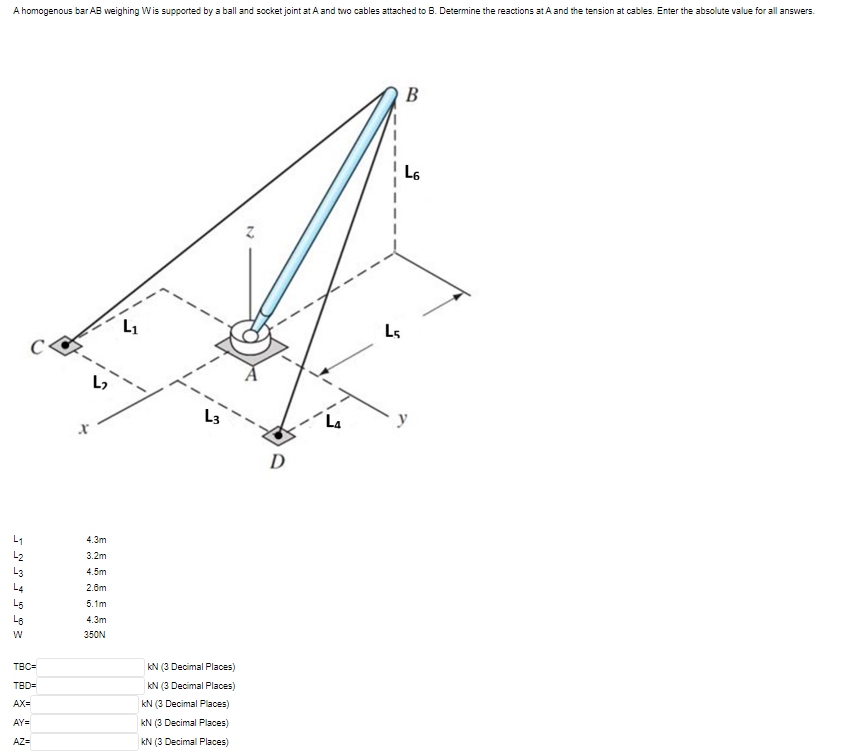 A homogenous bar AB weighing Wis supported by a ball and socket joint at A and two cables attached to B. Determine the reactions at A and the tension at cables. Enter the absolute value for all answers.
В
L6
Ls
L3
La
y
D
L1
4.3m
L2
3.2m
L3
4.5m
L4
2.0m
L5
5.1m
Le
4.3m
350N
kN (3 Decimal Places)
TBC=
kN (3 Decimal Places)
TBD=
kN (3 Decimal Places)
AX=
kN (3 Decimal Places)
AY=
kN (3 Decimal Places)
AZ=
