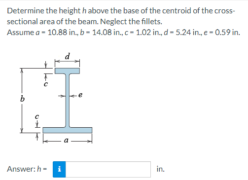 Determine the height h above the base of the centroid of the cross-
sectional area of the beam. Neglect the fillets.
Assume a = 10.88 in., b = 14.08 in., c = 1.02 in., d = 5.24 in., e = 0.59 in.
b
O
Answer: h=
d
O
in.