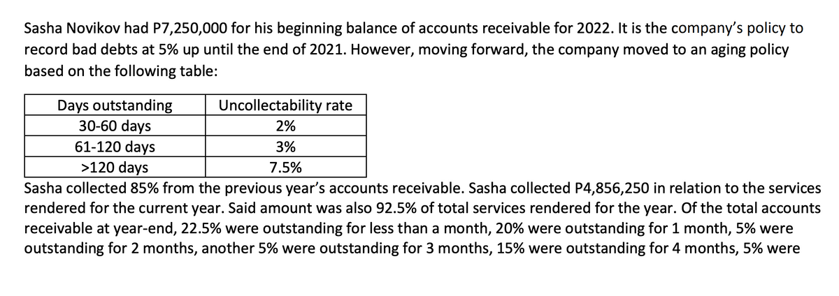 Sasha Novikov had P7,250,000 for his beginning balance of accounts receivable for 2022. It is the company's policy to
record bad debts at 5% up until the end of 2021. However, moving forward, the company moved to an aging policy
based on the following table:
Days outstanding
Uncollectability rate
2%
30-60 days
61-120 days
3%
>120 days
7.5%
Sasha collected 85% from the previous year's accounts receivable. Sasha collected P4,856,250 in relation to the services
rendered for the current year. Said amount was also 92.5% of total services rendered for the year. Of the total accounts
receivable at year-end, 22.5% were outstanding for less than a month, 20% were outstanding for 1 month, 5% were
outstanding for 2 months, another 5% were outstanding for 3 months, 15% were outstanding for 4 months, 5% were