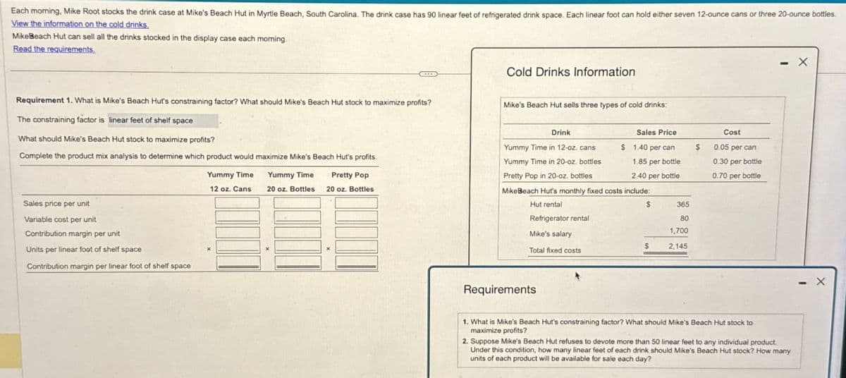 Each morning, Mike Root stocks the drink case at Mike's Beach Hut in Myrtle Beach, South Carolina. The drink case has 90 linear feet of refrigerated drink space. Each linear foot can hold either seven 12-ounce cans or three 20-ounce bottles.
View the information on the cold drinks.
MikeBeach Hut can sell all the drinks stocked in the display case each morning.
Read the requirements.
- X
Requirement 1. What is Mike's Beach Hut's constraining factor? What should Mike's Beach Hut stock to maximize profits?
The constraining factor is linear feet of shelf space
What should Mike's Beach Hut stock to maximize profits?
Complete the product mix analysis to determine which product would maximize Mike's Beach Hut's profits.
Yummy Time
12 oz. Cans
Yummy Time
20 oz. Bottles
Pretty Pop
20 oz. Bottles
Sales price per unit
Variable cost per unit
Contribution margin per unit
Units per linear foot of shelf space
Contribution margin per linear foot of shelf space
Cold Drinks Information
Mike's Beach Hut sells three types of cold drinks:
Drink
Sales Price
Cost
Yummy Time in 12-oz. cans
Yummy Time in 20-oz. bottles
Pretty Pop in 20-oz. bottles
$ 1.40 per can
$
0.05 per can
1.85 per bottle
0.30 per bottle
2.40 per bottle
0.70 per bottle
MikeBeach Hut's monthly fixed costs include:
Hut rental
$
Refrigerator rental
Mike's salary
$
365
80
1,700
2,145
Total fixed costs
Requirements
1. What is Mike's Beach Hut's constraining factor? What should Mike's Beach Hut stock to
maximize profits?
2. Suppose Mike's Beach Hut refuses to devote more than 50 linear feet to any individual product.
Under this condition, how many linear feet of each drink should Mike's Beach Hut stock? How many
units of each product will be available for sale each day?
-X