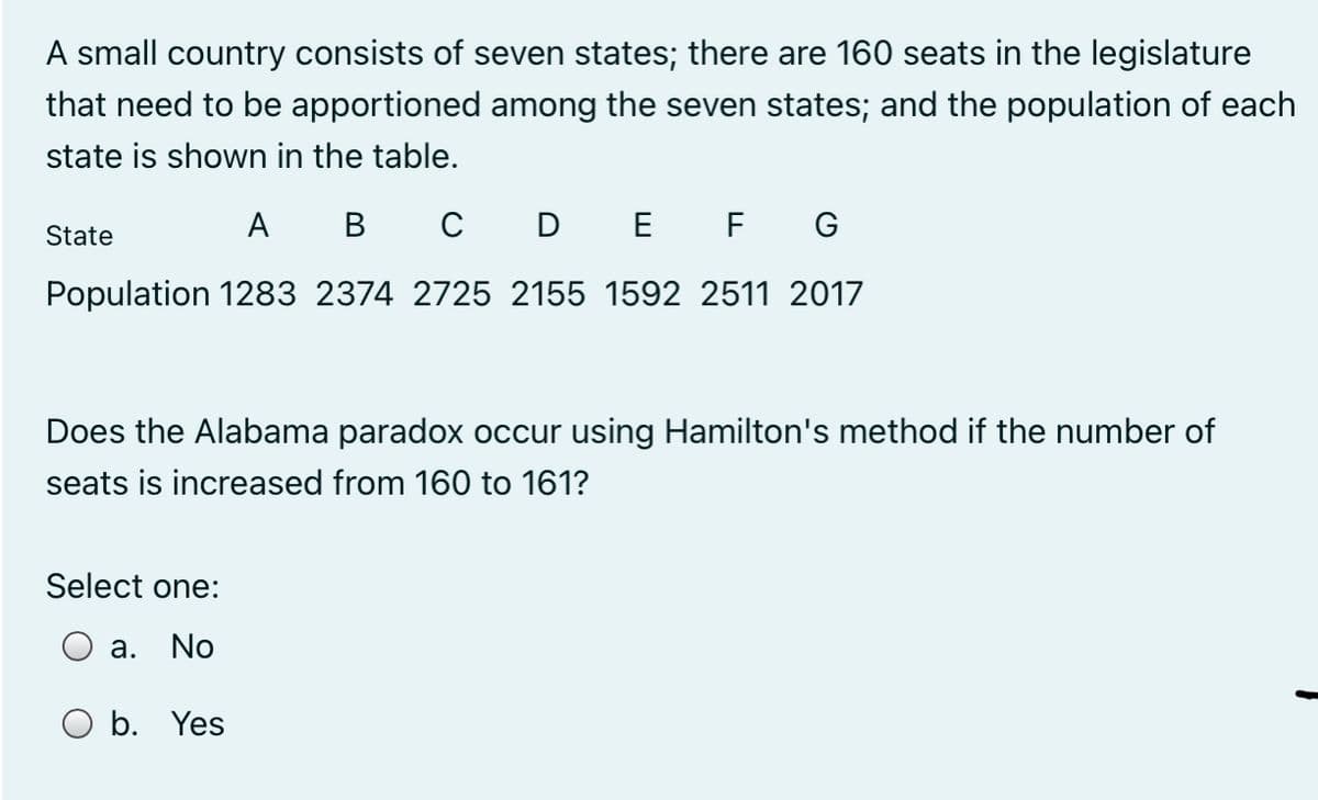 A small country consists of seven states; there are 160 seats in the legislature
that need to be apportioned among the seven states; and the population of each
state is shown in the table.
A B C
D E
F G
Population 1283 2374 2725 2155 1592 2511 2017
State
Does the Alabama paradox occur using Hamilton's method if the number of
seats is increased from 160 to 161?
Select one:
a. No
O b. Yes