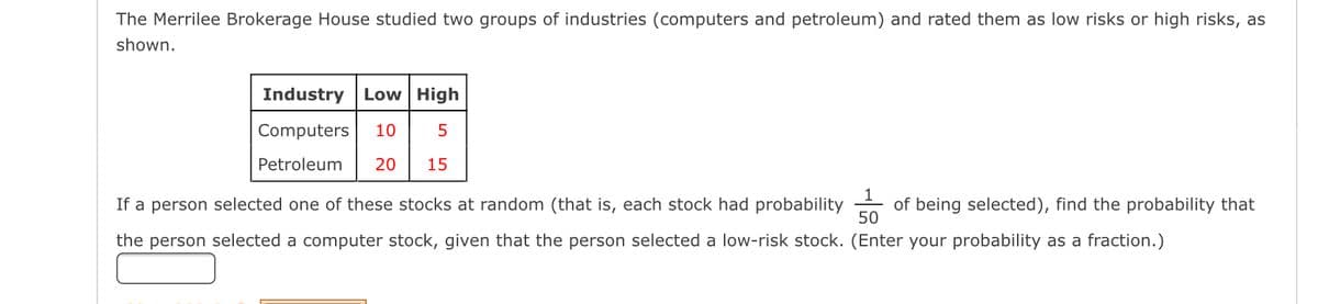 The Merrilee Brokerage House studied two groups of industries (computers and petroleum) and rated them as low risks or high risks, as
shown.
Industry Low High
Computers 10
5
Petroleum 20 15
1
If a person selected one of these stocks at random (that is, each stock had probability of being selected), find the probability that
50
the person selected a computer stock, given that the person selected a low-risk stock. (Enter your probability as a fraction.)