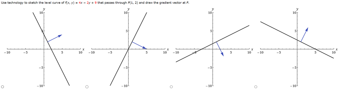 Use technology to sketch the level curve of f(x, y) = 4x - 2y + 9 that passes through P(1, 2) and draw the gradient vector at P.
y
y
y
10r
10 r
10 r
5
5
J J
X
- 10
-5
5
5
10 -10
-5
-5
-10L
-10
O
-10
-5
-5
-10L
5
10
X
10
X
- 10
-5
y
10
5
-5
-10
5
X
10