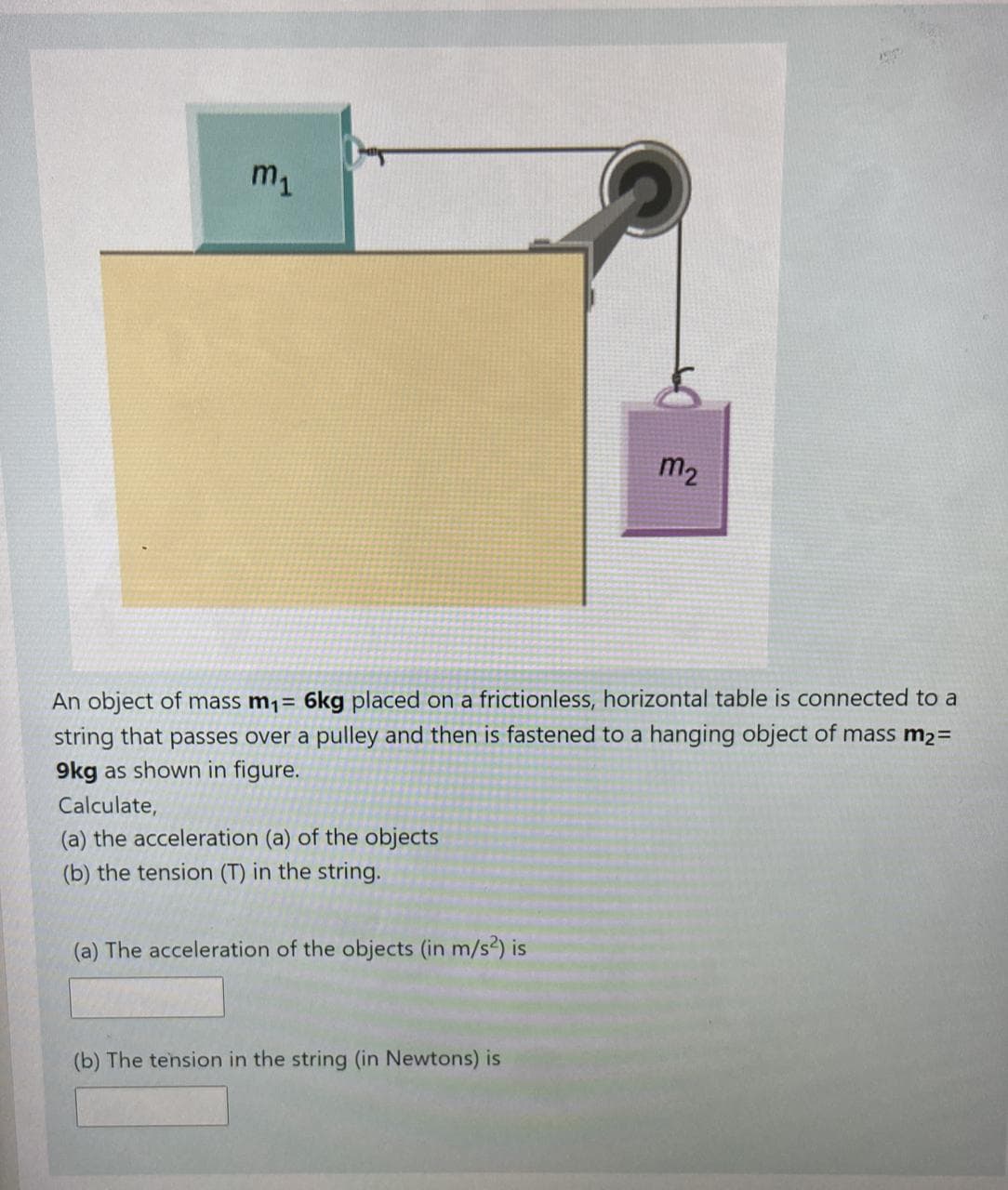 m1
m2
An object of mass m1= 6kg placed on a frictionless, horizontal table is connected to a
string that passes over a pulley and then is fastened to a hanging object of mass m2=
9kg as shown in figure.
Calculate,
(a) the acceleration (a) of the objects
(b) the tension (T) in the string.
(a) The acceleration of the objects (in m/s2) is
(b) The tension in the string (in Newtons) is
