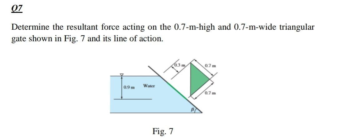 07
Determine the resultant force acting on the 0.7-m-high and 0.7-m-wide triangular
gate shown in Fig. 7 and its line of action.
0.9 m
Water
Fig. 7
0.3 m
0.7 m
0.7 m