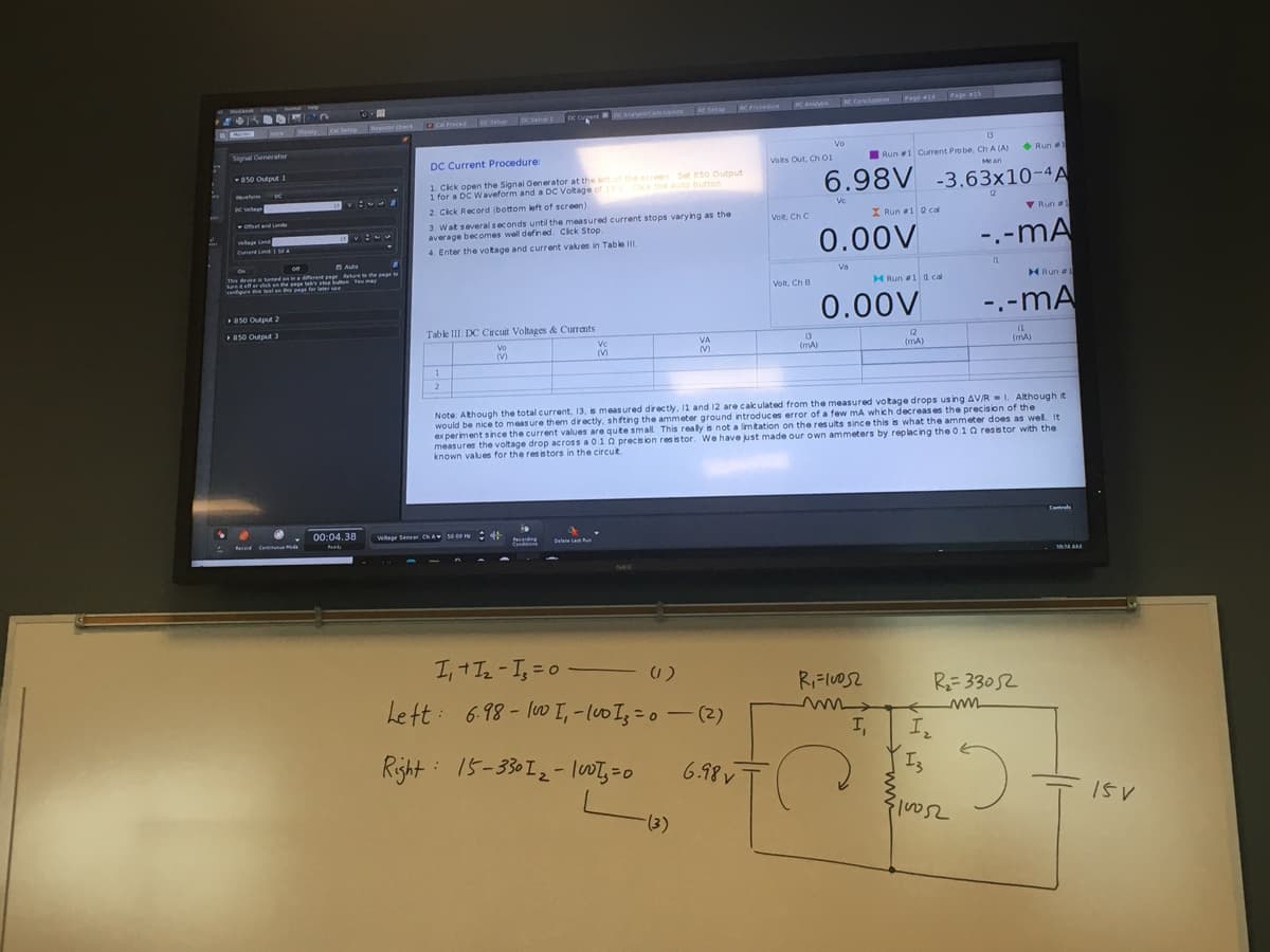 wsbek
C Conclusins
Page is
aya
An a tup Procedure K Analy KCan 4 s
DE Cent
ery o et enr Chec a rced DC Setup DC Setue
nesnter Check
Theary
cal Setp
Signal Generater
13
Vo
• Run #1
Run 1 Current Probe, Ch A (A)
Mean
DC Current Procedure:
Volts Out, Ch 01
a50 Output 1
1. Cick open the Signal Generator at the left of the screen Set 850 Output
1 for a DC Waveform and a DC Voltage of 15 ck the Auto button
6.98V -3.63x10-4A
Wefem DC
2. Cick Record (bottom left of screen
12
Vc
3. Wat several seconds until the measured current stops varying as the
average becomes well defined. Cick Stop.
4. Enter the votage and current values in Table ill
TOfet and Limi
V Run
1
Vot. Ch C
X Run 1 Q cal
wege im
0.00V
-.-mA
CurrentLmt1A
Auto
Ths de
T Aened an ina drent page etu he pege to
TN M he ege tab step buten Tu may
4farent page Retu the e t
Va
cenfigure th tel en th paar for later use
Volt. Ch B
HRun #1 a cal
0.00V
-.-mA
850 Output 2
50 Output 3
Table III: DC Circuit Voltages & Currants
13
(mA)
VA
12
Vo
(V)
(mA)
(mA)
(V)
1
2
Note: Athough the total current, 13, is meas ured directly, 11 and 12 are cak ulated from the measured votage drops using AV/R-I. Although it
would be nice to meas ure them directly, shfting the ammeter ground introduces error of a few mA which decreases the precision of the
ex periment since the current values are qute small This realy is not a limitation on the res ults since this is what the ammeter does as wel. It
measures the voltage drop across a 0.1 0 precision resistor. We have just made our own ammeters by replacing the 0.10 resistor with the
known values for the resistors in the circut
Contrul
00:04.38
wtage Senser. ChA se ce w:
Raced Ca d
edy
Delet Lau
Condine
MMAM
I,+I2-I,=0 -
R= 33052
Let: 6-98- lw I, - l0 I; = 0 -(2)
I,
I
Right :
15-330I2 - loT, =0
6.98 v
I3
15V
(3)
