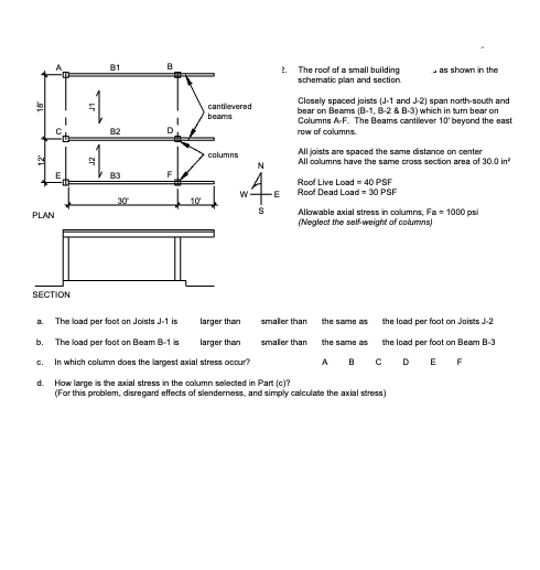 18
12⁰
PLAN
SECTION
=1
S
B1
B2
B3
B
F
10
cantilevered
beams
columns
W
The load per foot on Joists J-1 is
larger than
b. The load per foot on Beam B-1 is
larger than
c. In which column does the largest axial stress occur?
N
S
2. The roof of a small building
schematic plan and section.
Closely spaced joists (J-1 and J-2) span north-south and
bear on Beams (B-1, B-2 & B-3) which in turn bear on
Columns A-F. The Beams cantilever 10' beyond the east
row of columns.
All joists are spaced the same distance on center
All columns have the same cross section area of 30.0 in²
Roof Live Load = 40 PSF
Roof Dead Load = 30 PSF
as shown in the
Allowable axial stress in columns, Fa= 1000 psi
(Neglect the self-weight of columns)
smaller than
smaller than
the same as
the load per foot on Joists J-2
the load per foot on Beam B-3
the same as
A B C D E F
How large is the axial stress in the column selected in Part (c)?
(For this problem, disregard effects of slenderness, and simply calculate the axial stress)