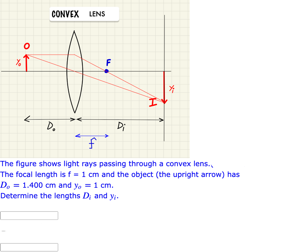 Yo
Z
=
CONVEX LENS
Do
F
Di
I
Y;
f
The figure shows light rays passing through a convex lens.
The focal length is f = 1 cm and the object (the upright arrow) has
Do
1.400 cm and yo = 1 cm.
Determine the lengths D; and yi.