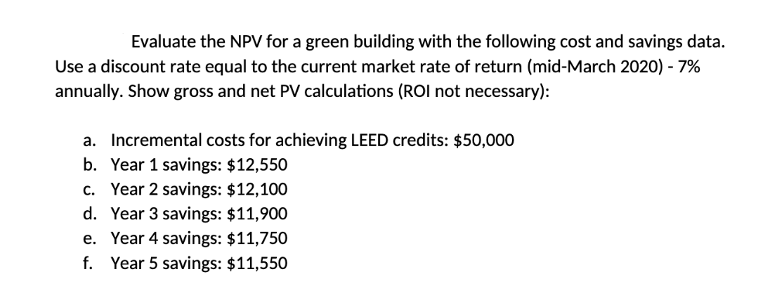 Evaluate the NPV for a green building with the following cost and savings data.
Use a discount rate equal to the current market rate of return (mid-March 2020) - 7%
annually. Show gross and net PV calculations (ROI not necessary):
a. Incremental costs for achieving LEED credits: $50,000
b. Year 1 savings: $12,550
c.
Year 2 savings: $12,100
d. Year 3 savings: $11,900
e. Year 4 savings: $11,750
f. Year 5 savings: $11,550