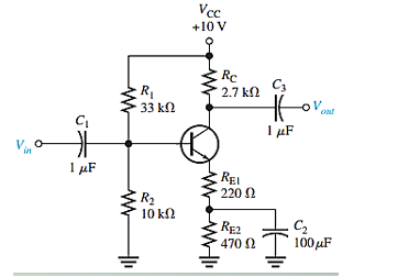 Vce
+10 V
Re
2.7 k.
C3
33 kN
V
I µF
V O
in
1 µF
REI
220 2
R2
10 kN
RE2
470 2
100μF
