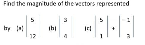 Find the magnitude of the vectors represented
5
3
5
1
by (a)
(b)
|³|
(c)
12
4
1
3