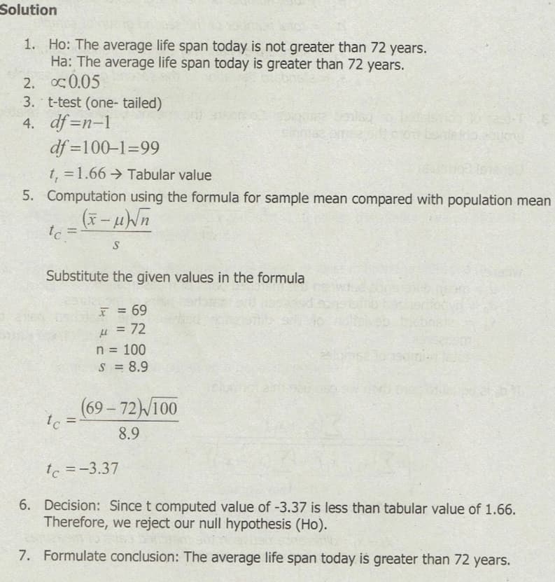 Solution
1.
Ho: The average life span today is not greater than 72 years.
Ha: The average life span today is greater than 72 years.
0.05
2.
3. t-test (one-tailed)
4. df=n-1
df=100-1=99
t₁ = 1.66 Tabular value
5. Computation using the formula for sample mean compared with population mean
tc =
Substitute the given values in the formula
tc
(x-μ)√n
S
=
F = 69
= 72
μ
n = 100
S = 8.9
HOW
(69-72)√/100
8.9
tc = -3.37
6. Decision: Since t computed value of -3.37 is less than tabular value of 1.66.
Therefore, we reject our null hypothesis (Ho).
7. Formulate conclusion: The average life span today is greater than 72 years.