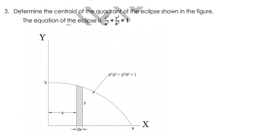 3. Determine the centroid of the quadrant of the eclipse shown in the figure.
The equation of the eclipse is + =1
Y
x²/a² + y/b² = 1
X
xp,
a
b.
