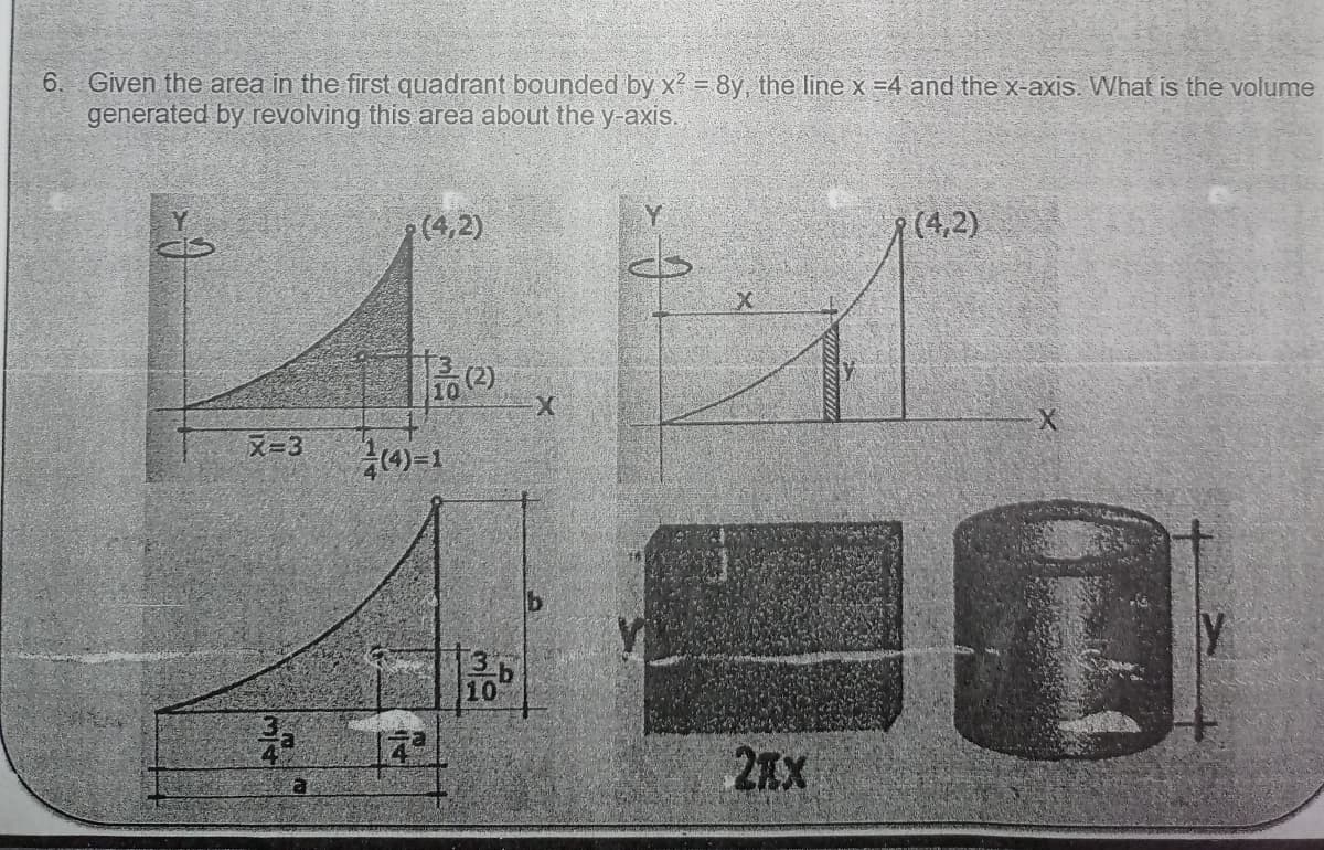 6. Given the area in the first quadrant bounded by x? = 8y, the line x =4 and the x-axis. What is the volume
generated by revolving this area about the y-axis.
(4,2)
Y
?(4,2)
X-3
10
2AX
