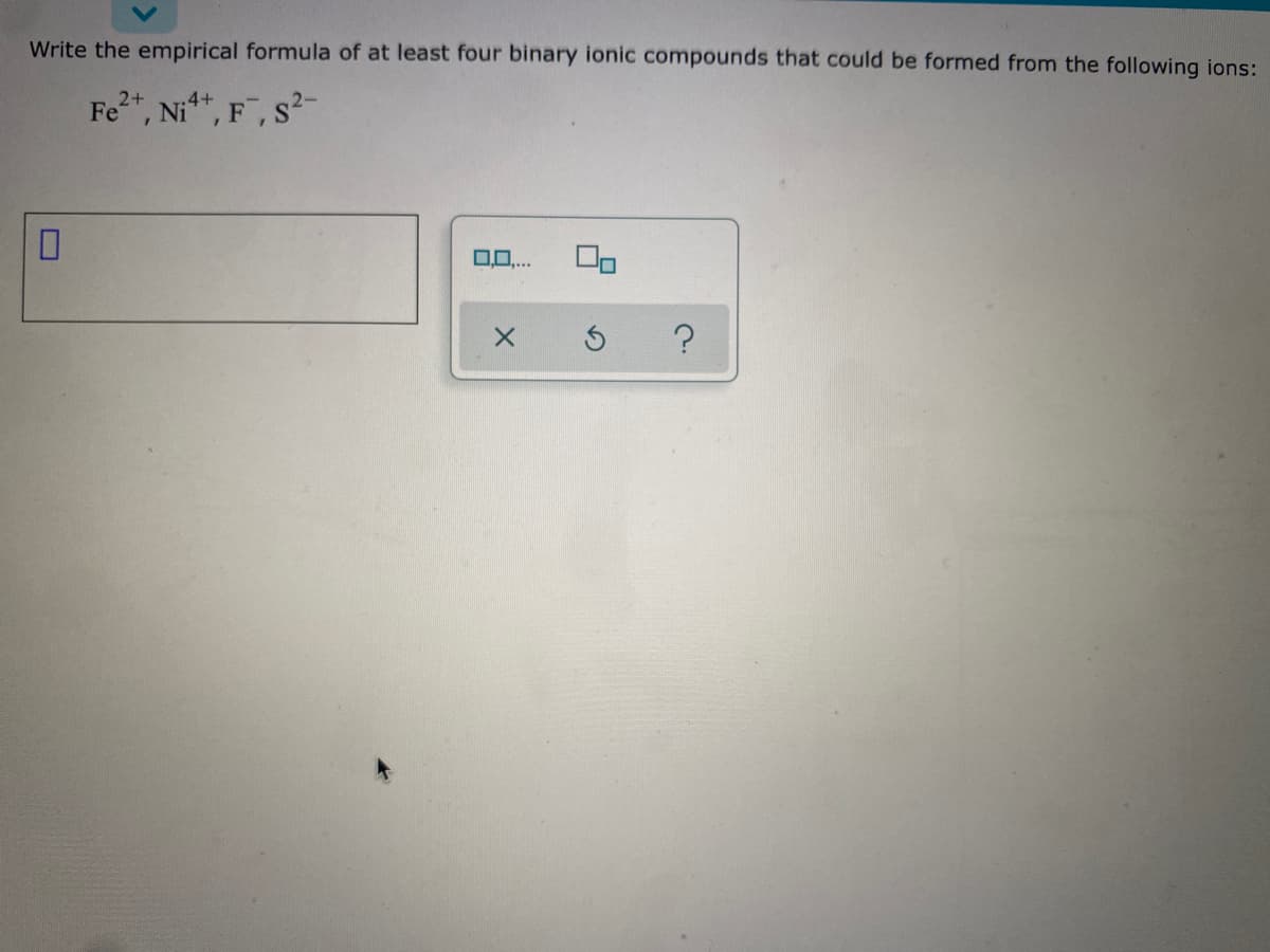 Write the empirical formula of at least four binary ionic compounds that could be formed from the following ions:
Fe", Ni**, F, s2-
.4+
