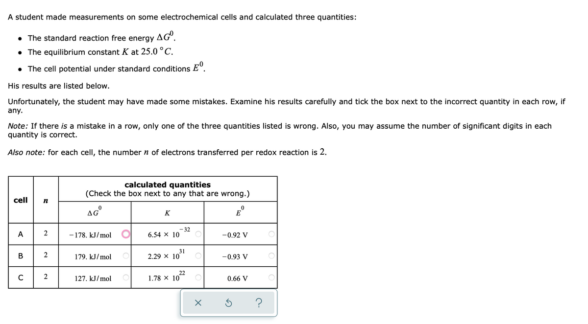 A student made measurements on some electrochemical cells and calculated three quantities:
. The standard reaction free energy AGO.
• The equilibrium constant K at 25.0 °C.
• The cell potential under standard conditions E
His results are listed below.
Unfortunately, the student may have made some mistakes. Examine his results carefully and tick the box next to the incorrect quantity in each row, if
any.
Note: If there is a mistake in a row, only one of the three quantities listed is wrong. Also, you may assume the number of significant digits in each
quantity is correct.
Also note: for each cell, the number n of electrons transferred per redox reaction is 2.
calculated quantities
(Check the box next to any that are wrong.)
cell n
AGⓇ
ΔG
K
Eº
- 32
A 2
А
-178. kJ/mol
6.54 × 10
-0.92 V
B
179. kJ/mol
2.29 X 10
-0.93 V
с
2
127. kJ/mol
1.78 × 10²2
0.66 V
31
X
?