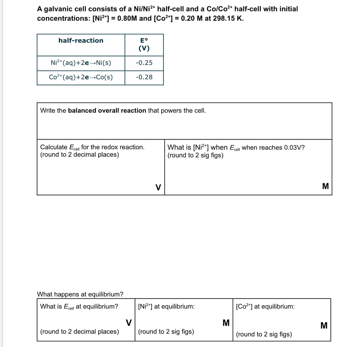 A galvanic cell consists of a Ni/Ni²+ half-cell and a Co/Co²+ half-cell with initial
concentrations: [Ni²+] = 0.80M and [Co²+] = 0.20 M at 298.15 K.
half-reaction
Eº
(V)
Ni²+ (aq) +2e→Ni(s)
-0.25
Co²+ (aq) +2e→Co(s)
-0.28
Write the balanced overall reaction that powers the cell.
Calculate Ecell for the redox reaction.
(round to 2 decimal places)
What is [Ni²+] when Ecell when reaches 0.03V?
(round to 2 sig figs)
V
What happens at equilibrium?
What is Ecell at equilibrium?
[Ni²+] at equilibrium:
[Co2+] at equilibrium:
(round to 2 decimal places)
(round to 2 sig figs)
(round to 2 sig figs)
V
M
M
M