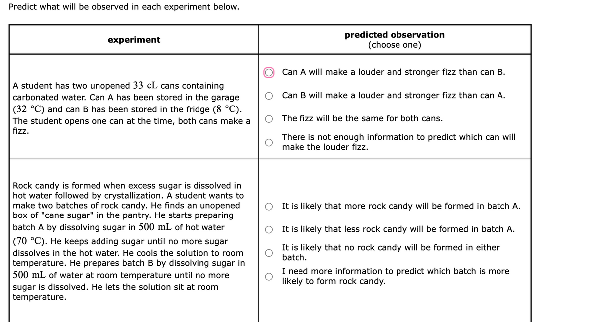 Predict what will be observed in each experiment below.
predicted observation
(choose one)
experiment
Can A will make a louder and stronger fizz than can B.
A student has two unopened 33 cL cans containing
carbonated water. Can A has been stored in the garage
Can B will make a louder and stronger fizz than can A.
(32 °C) and can B has been stored in the fridge (8 °C).
The student opens one can at the time, both cans make a
fizz.
The fizz will be the same for both cans.
There is not enough information to predict which can will
make the louder fizz.
Rock candy is formed when excess sugar is dissolved in
hot water followed by crystallization. A student wants to
make two batches of rock candy. He finds an unopened
box of "cane sugar" in the pantry. He starts preparing
batch A by dissolving sugar in 500 mL of hot water
It is likely that more rock candy will be formed in batch A.
It is likely that less rock candy will be formed in batch A.
(70 °C). He keeps adding sugar until no more sugar
It is likely that no rock candy will be formed in either
batch.
dissolves in the hot water. He cools the solution to room
temperature. He prepares batch B by dissolving sugar in
500 mL of water at room temperature until no more
sugar is dissolved. He lets the solution sit at room
temperature.
I need more information to predict which batch is more
likely to form rock candy.
