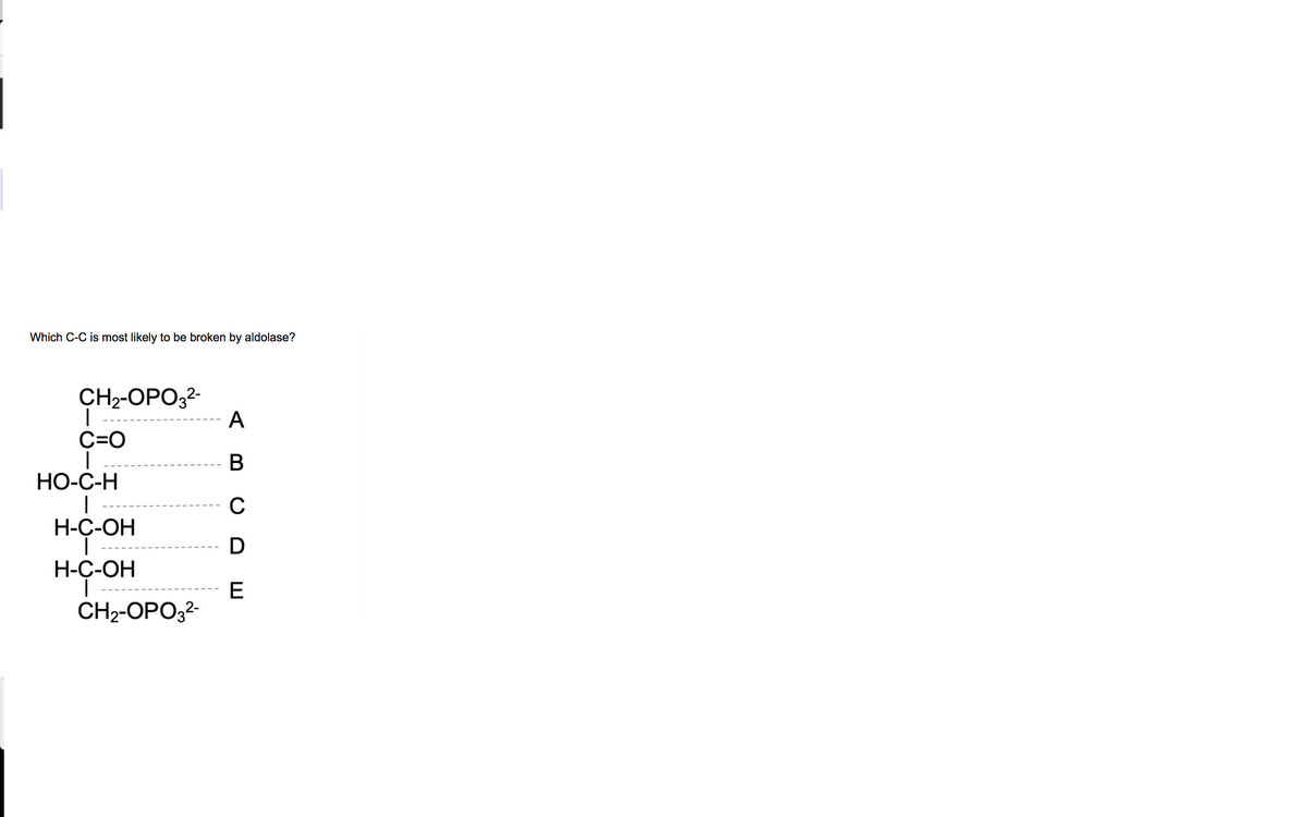 Which C-C is most likely to be broken by aldolase?
CH₂-OPO3²-
TE
C=O
|
HO-C-H
1
H-C-OH
|
H-C-OH
|
CH₂-OPO3²-
A
BUDE
C