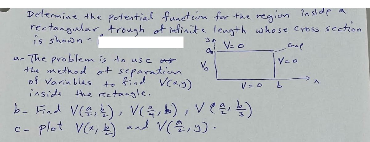 Determine the potential function for the region inside a
rectangular trough of infinite length whose cross section
is shown -
2₁ V = 0
ул
a- The problem is to use as
the method of separation
of Variables
to find
find V(x,y)
the rectangle.
inside
b- Find v(2, 4), V(a, b), V (a, b)
plot V(x, b) and V (222, y).
V₂
V = 0
Gap
V = 0
b
^