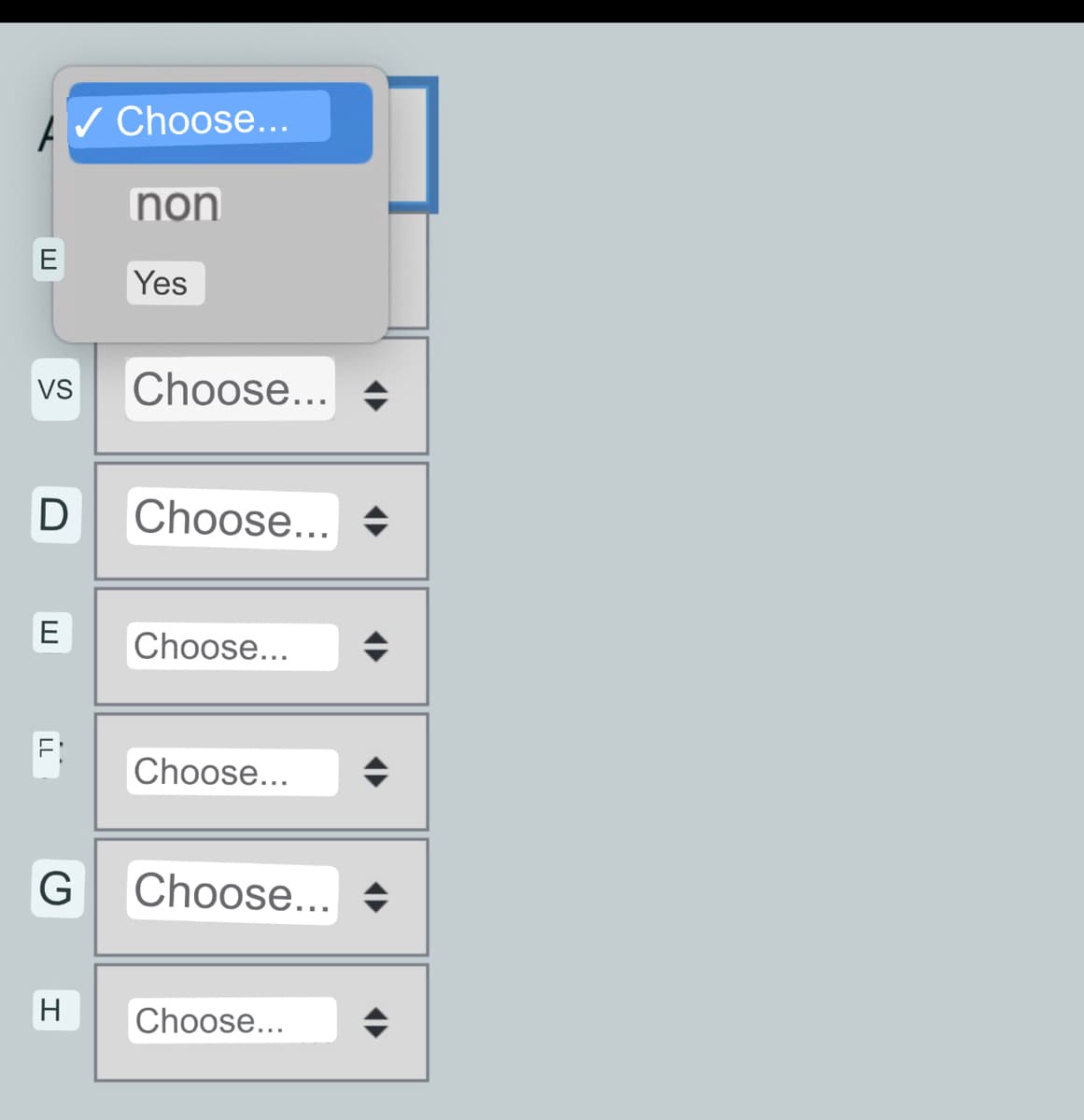 E
D
VS Choose...
E
Fi
✓ Choose...
G
H
non
Yes
Choose... ♦
Choose...
Choose...
Choose...
Choose...