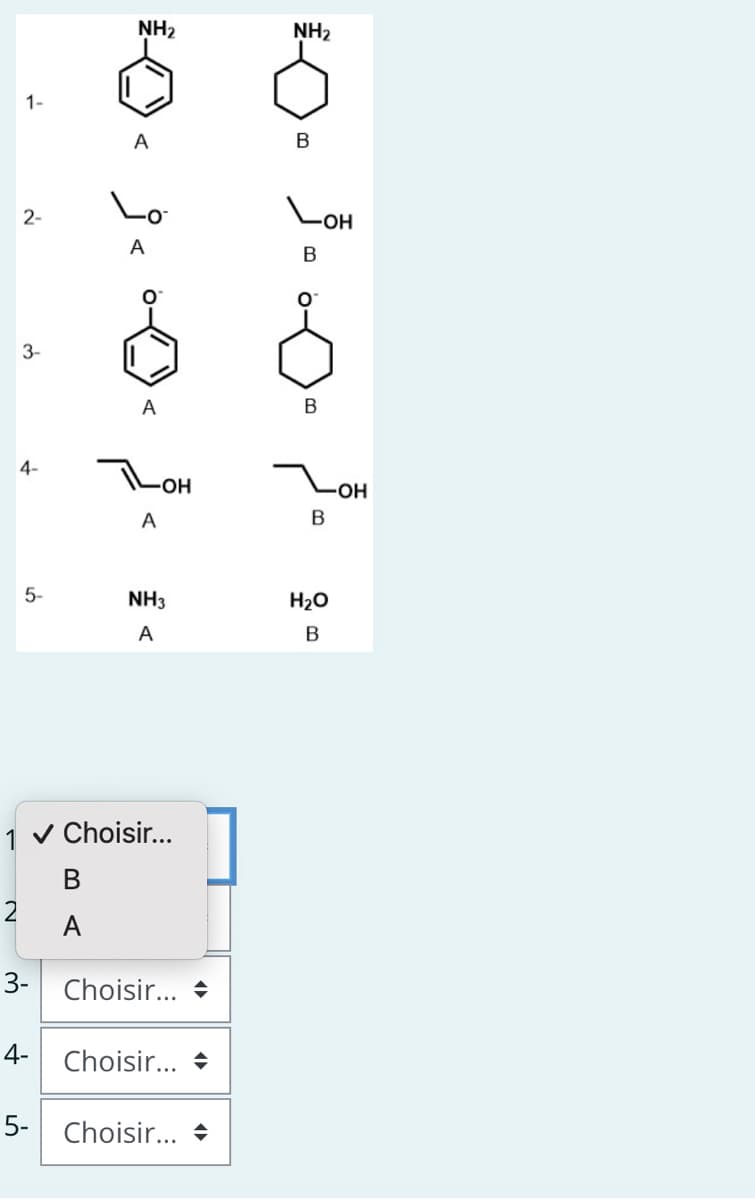 1-
2-
3-
4-
2
5-
3-
4-
NH₂
5-
0
A
Lo
A
A
1 ✓ Choisir...
B
A
-OH
A
NH3
A
Choisir... ♦
Choisir...
Choisir...
£0. Ï….O.
NH₂
-OH
B
H₂O
B
-OH