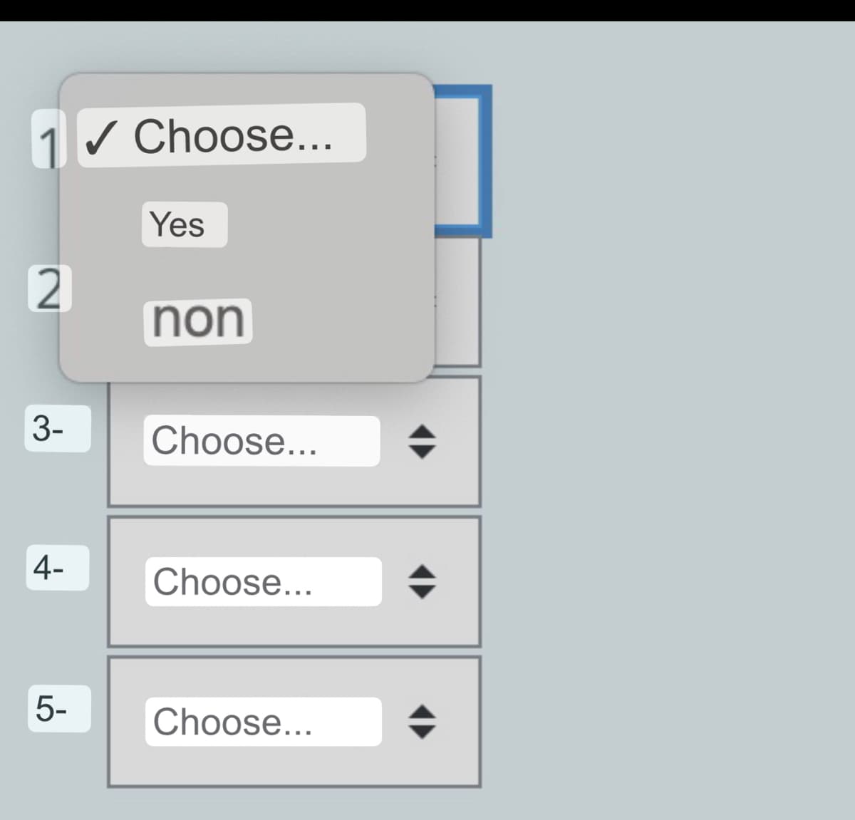 2
3-
4-
5-
✓ Choose...
Yes
non
Choose...
Choose...
Choose...